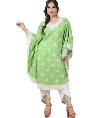 Green Printed Cotton Kaftan Set with White Lace Detailing