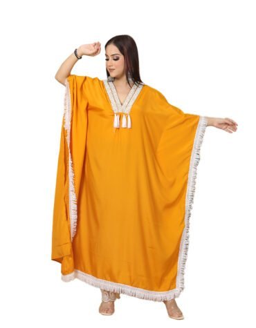 Mustard Crepe Kaftan with White Lace and Tassel Detailing