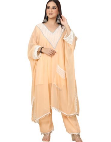 Peach Embroidered Kaftan Set in Georgette | Elegant Festive Wear